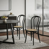 Set of Two Black and Natural Solid Wood And Rattan Curved Back Dining Side Chairs