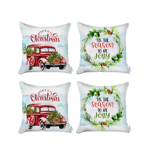Set of Four Green Red and White Merry Christmas Tis the Season Christmas Wreath Fabric Throw Pillows