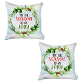 Set of Two 18" White and Green Tis the Season To Be Jolly Christmas Wreath Fabric Throw Pillow Covers