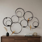 32" Black And Gold Metal Circles And Birds Hanging Sculpture With Votive Holders