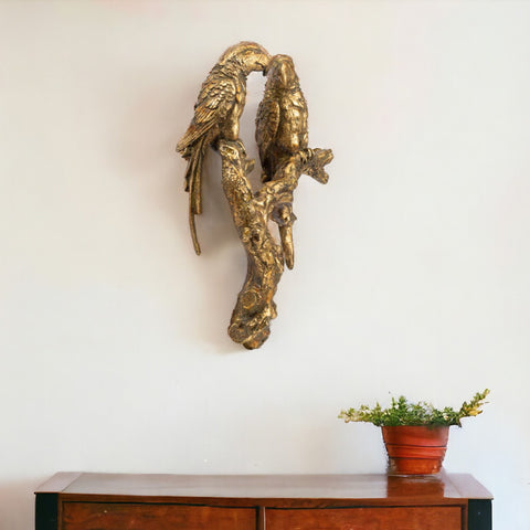 13" Antiqued Gold Parrots Hanging Dimensional Sculpture