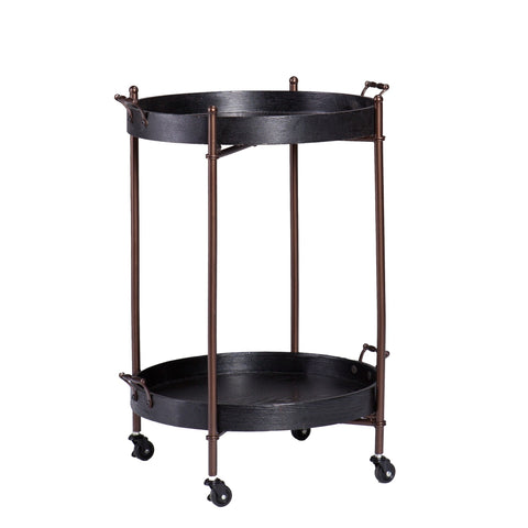 21" Black And Bronze Wood And Iron Round Rolling Bar Cart