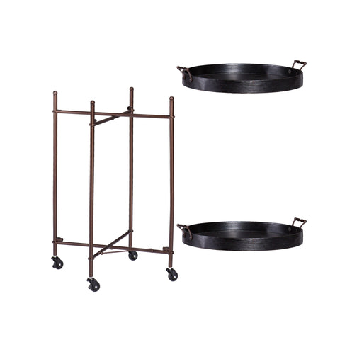 21" Black And Bronze Wood And Iron Round Rolling Bar Cart