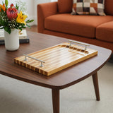 15" Brown And Natural Solid Wood Striped Serving Tray With Handles