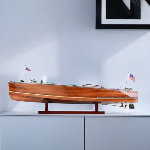7" Wood Brown Solid Wood Hand Painted c1928 Chris Craft Triple Cockpit Medium Model Boat
