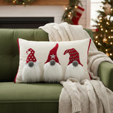 14" X 20" Red And Ivory Cotton Christmas Gnomes Throw Pillow With Embroidery