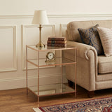 27" Gold And Clear Glass And Iron End Table With Mirrored Shelf