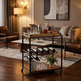 Brown and Black Metal And Solid Wood Rolling Bar Cart With Wine Storage