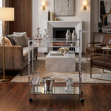 29" Silver Metal and Mirrored Glass Rolling Bar Cart With Wine Storage