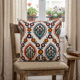 18" Beige Orange And Teal Floral Cotton Blend Throw Pillow with Embroidery