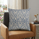 22" Blue And Natural Damask Cotton Throw Pillow