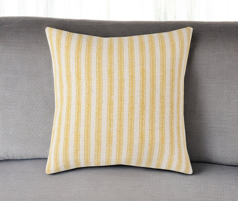 20" Yellow And Natural Ticking Stripe Cotton Canvas Throw Pillow