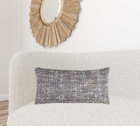 14" X 26" Blue Gray And Beige Nubby Cotton Lumbar Throw Pillow With Texture
