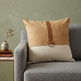 20" Natural and Brown Cotton and Leather Throw Pillow