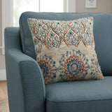 Beige Blue Distressed Floral Pattern Throw Pillow