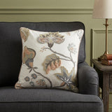 20" White and Tan Jacobean Floral Cotton Throw Pillow With Applique and Embroidery