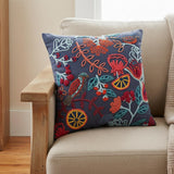 Dark Blue Jacobean Bloom Embroidered Throw Pillow