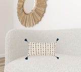 Blue Beige Tribal Inspired Tasseled Lumbar Pillow