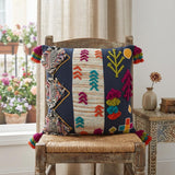 20" Black Blue Green And Purple Eclectic Cotton Throw Pillow with Applique Embroidery And Tassels