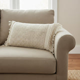 Ivory Braided Stripe Macrame Fringe Lumbar Pillow