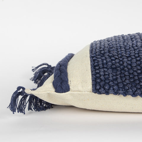 14" X 26" Navy Blue And Off White Braided Cotton Throw Pillow