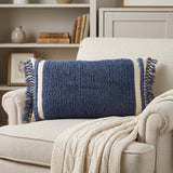 14" X 26" Navy Blue And Off White Braided Cotton Throw Pillow