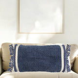 14" X 26" Navy Blue And Off White Braided Cotton Throw Pillow