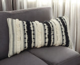 14" X 26" Beige And Black Cotton Throw Pillow With Fringe And Texture