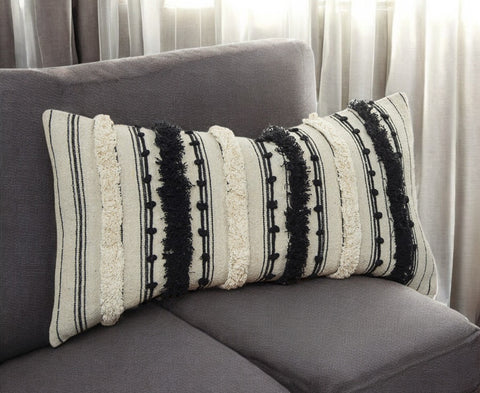 14" X 26" Beige And Black Cotton Throw Pillow With Fringe And Texture