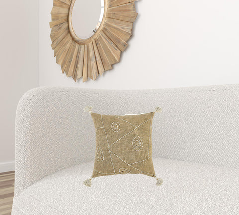 Khaki Cream Kantha Stitch Tasseled Throw Pillow