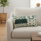 Ivory Green Geometric Boho Chic Lumbar Pillow