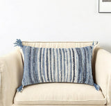 14" X 26" Denim Blue And Ivory Cotton Throw Pillow with Tassels And Texture