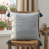 20" Blue and Ivory Herringbone Cotton Throw Pillow With Tassels