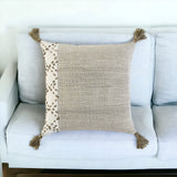 20" Taupe and Ivory Herringbone Cotton Throw Pillow With Tassels