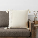 20" Ivory Herringbone Cotton Throw Pillow With Tassles