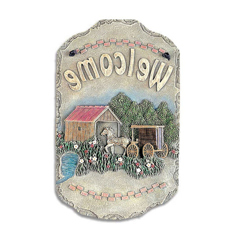 13" X 8" Gray Cream And Green Resin Horse Welcome Sign Wall Decor