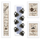 Set Of Four Kitchen Collection V with Seven Peg Mug Rack 4 White Framed Print Kitchen Wall Art