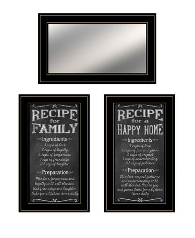 Set Of Three Family Recipe Black Framed Print Kitchen Wall Art And Mirror