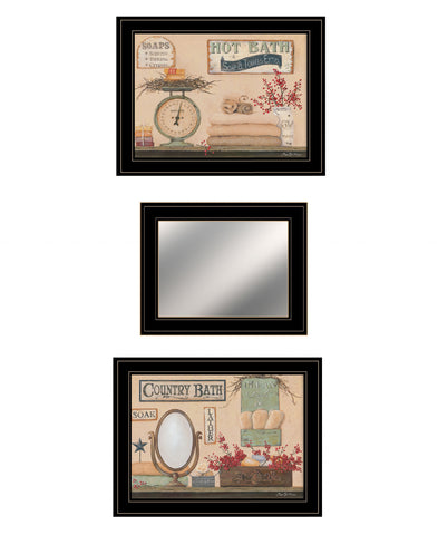 Set Of Three Wash Room Black Rim Frame Bathroom Wall Art with Mirror