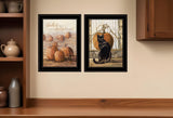 Set Of Two Pumpkins with A Black Cat Black Framed Print Wall Art
