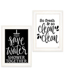 Set Of Two Clean or Shower Together White Framed Print Bathroom Wall Art