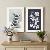 Set Of Two Tea Towers with Flowers Blue White Framed Print Kitchen Wall Art