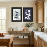 Set Of Two Tea Towers with Flowers Blue Black Framed Print Kitchen Wall Art