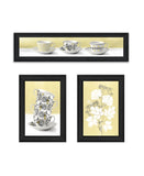 Set Of Three Tea Cups and Yellow Flowers Black Framed Print Kitchen Wall Art