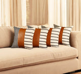Set Of Four 20" X 20" Brown Faux Leather Striped Zippered Pillow