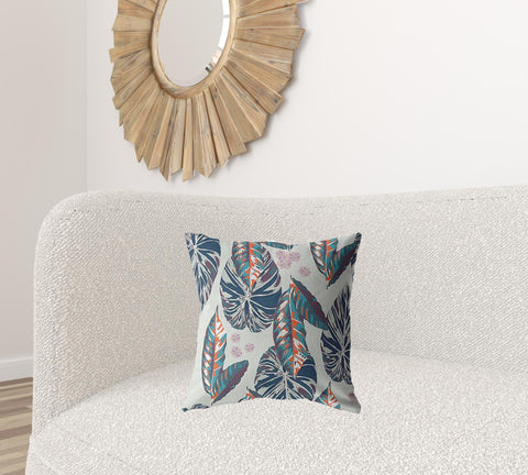 18��� Blue Gray Tropical Leaf Zippered Suede Throw Pillow