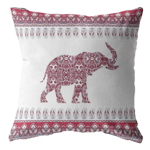 16��� Red White Ornate Elephant Zippered Suede Throw Pillow