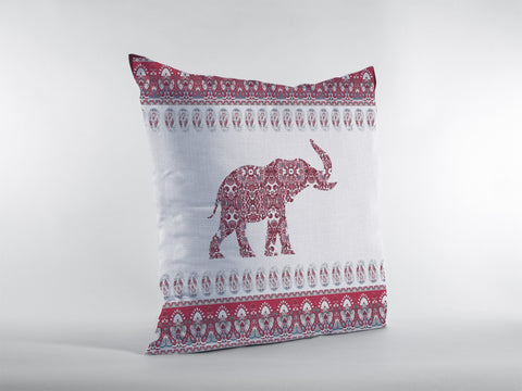 18��� Red White Ornate Elephant Zippered Suede Throw Pillow