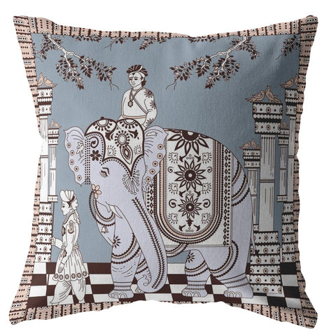 18��� Blue Brown Ornate Elephant Zippered Suede Throw Pillow