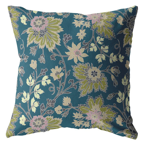 16��� Teal Green Jacobean Zippered Suede Throw Pillow